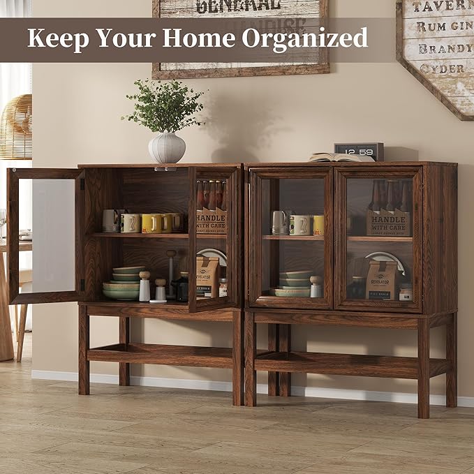 Sideboard Buffet Cabinet with Storage, Small Kitchen Coffee Wine Bar Cabinet with Glass Press-to-Open Doors, Wood Mid Century Modern Side Board Table for Dining Room, Living Room