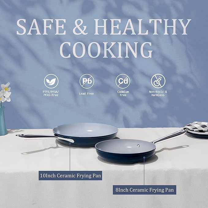 Nonstick Ceramic Frying Pan 10 Inch Induction Compatible - Non Toxic, PTFE/PFOA/PFAS Free, Oven & Dishwasher Safe up to 500째F - Non Stick Small Skillet with Stay-Cool Handle - Navy Blue
