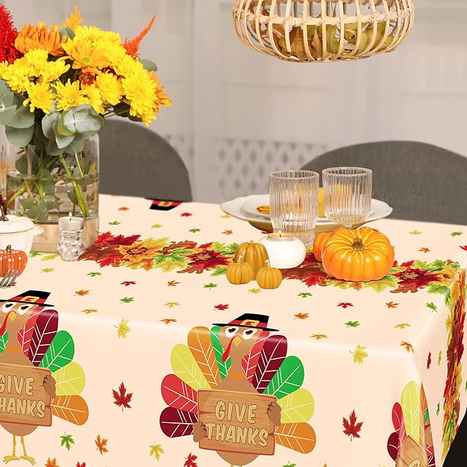 6 PACK Thanksgiving Disposable Tablecloths, 54" x 108" Fall Plastic Tablecloth, Maple Leaves Turkey Table Cloth Rectangle Tablecover, Thanksgiving Table Decorations Harvest Decor Fall Party Supplies