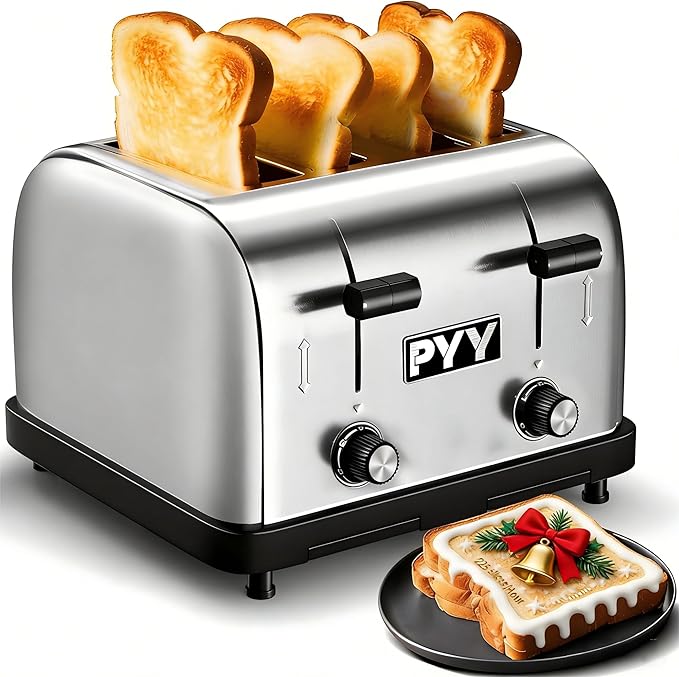 PYY Commercial Toaster 4 Slice for Restaurant - Wide Slots 1.57 inch Stainless Steel 6-Level Setting, 225 Slices/Hour 1800W - Bread, Bagels, Breakfast, Toast