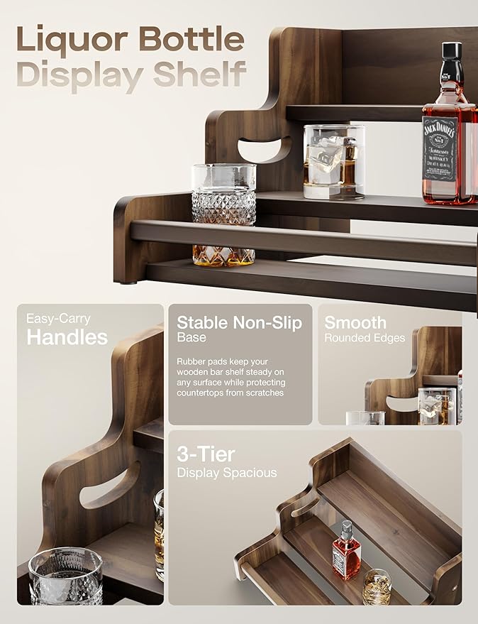 Tinamo Acacia Wood Liquor Bottle Display Shelf ??3-Tier Countertop Wine Rack, Bar Shelf ??Whiskey Bar Stand for Home, Bottle Organizer for Countertop ??Wine Holder with Handles (Walnut Color)
