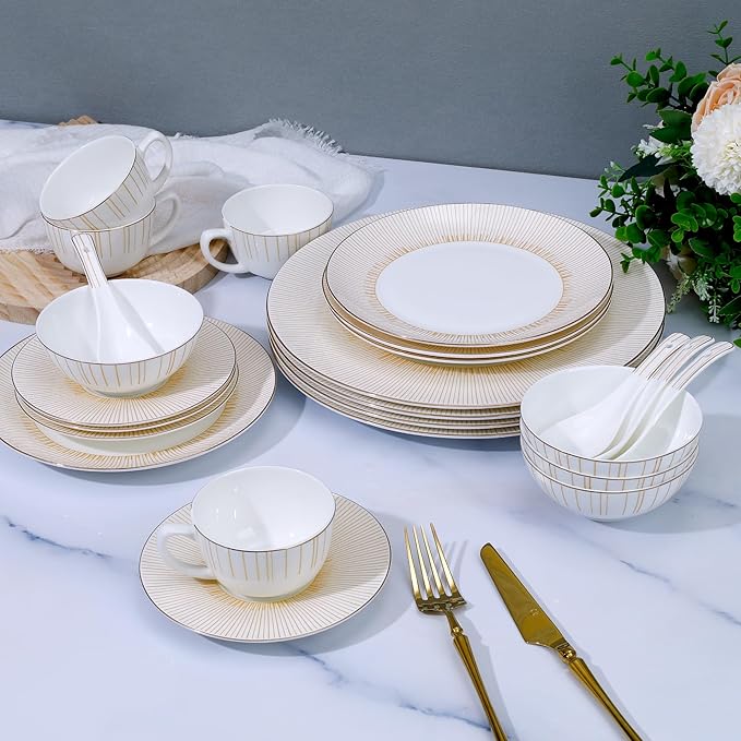 24 Piece White Porcelain Dinnerware Set for 4, Sunburst Design Plates and Bowls Sets with Gold Rim,Highly Chip and Crack Resistant | Dishwasher Safe Dishes Set
