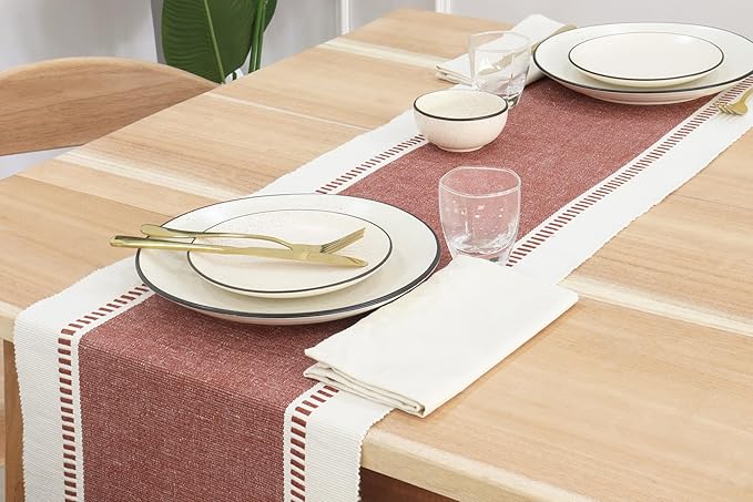 PurpleEssences Rust Table Runner - Wide with Dobby Stripe, Heavy Ribbed Weave & Double Knot Fringes, 14x90 Inch (14x95.5 with Fringes) Farmhouse Decor - Christmas Holiday Winter - Rust and H.White