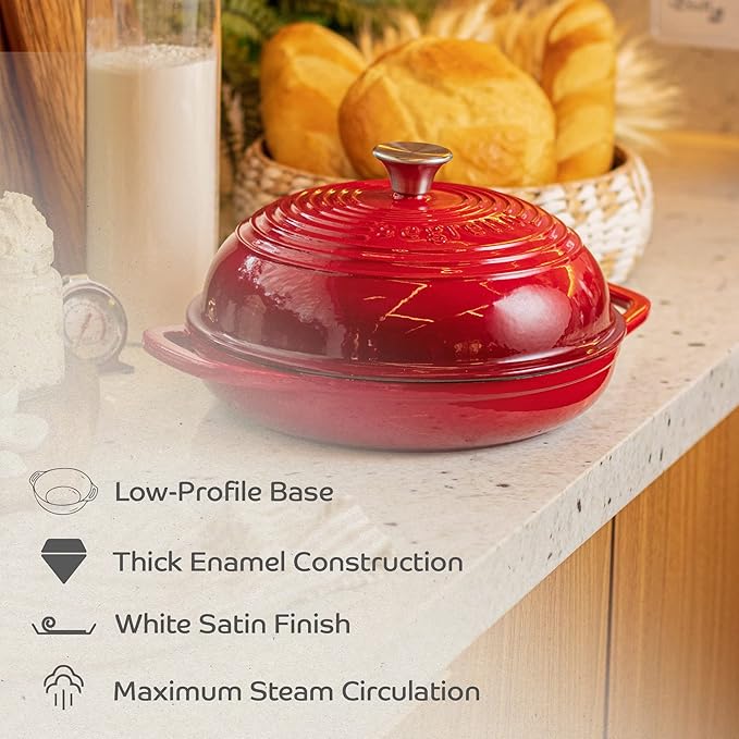 Enameled Cast Iron Bread Pan with Lid, 11??Red Bread Oven Cast Iron Sourdough Baking Pan, Dutch Oven for Bread, No Seasoning Needed -Segretto Cookware