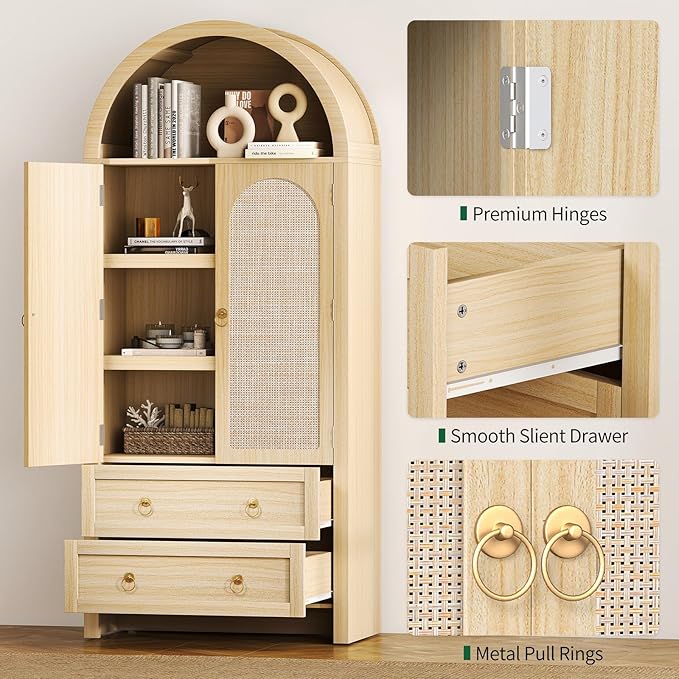 71" Arched Cabinet Kitchen Pantry Cabinet with Rattan Doors, Storage Cabinet with Drawers & Height Adjustable Shelves, Hutch Cabint with Storage, Tall Arched Bookcase for Dining Room Kitchen, Natural