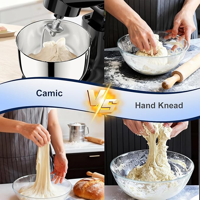 Camic Stand Mixer, 4.2QT+5.3QT Two bowls Electric Food Mixer, 10 Speeds with Digital setting 3-IN-1 Kitchen Mixer for Baking Cakes Cookie Bread Salad with Egg Whisk,Dough Hook,Flat Beater (Black)