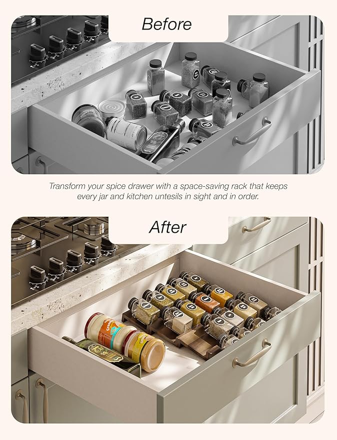 Tinamo Acacia Wooden Spice Rack Organizer for Cabinet - Spice Drawer Insert, Spice Organization for Cabinet, Seasoning Organizer, Spice Holder Pack of 8 (Walnut, Pack 4)