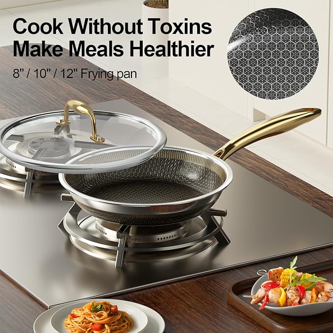 Fogdream 8"10"12" Non Stick Frying Pans, Stainless Steel Skillet with Lid,Tri-Ply Stainless Steel for All Cooktops, Dishwasher and Oven-Safe Cooking Pan, Stay-Cool Handle, Gold