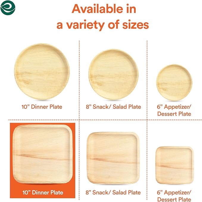 ECO SOUL Palm Leaf Disposable Bamboo Plates 10" Square Compostable & Biodegradable Party Plates for Christmas Dinner, Weddings, Parties & Events 200 Count