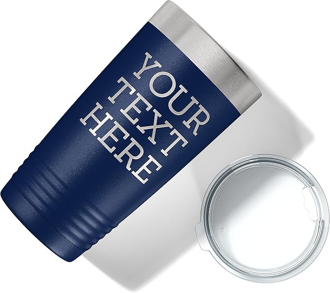 Personalized 20oz (17 Colors) Powder Coated Insulated Stainless Steel Tumbler with Lid, Custom Etched, Customized Text Message Name, Engraved Gift Idea Women Men Him Her, Your Text Here (Navy Blue)
