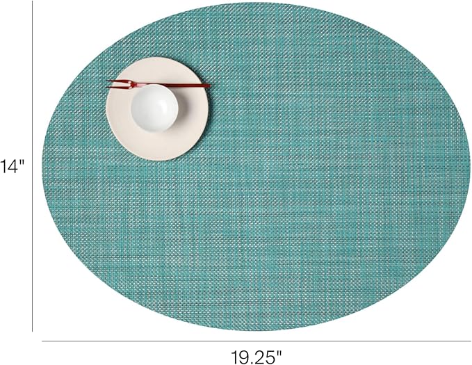 Chilewich Mini Basketweave Placemats in Turquoise - Set of 4 - Easy Care Woven Tabletop Textiles - Indoor/Outdoor - 19.25" x 14" Oval