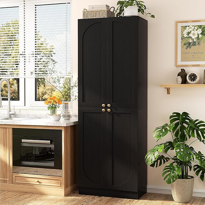 Cyclysio 80" Kitchen Pantry, Extra Tall Arch Storage Cabinet with 4 Doors and Adjustable Shelves, Freestanding Wood Cupboard with Seamless Fit Wall for Dining Living Room Bathroom Furniture (Black)