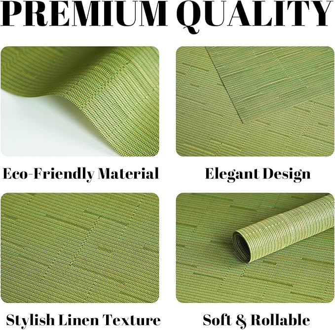 SUMYMERY Placemats Set of 12 Vinyl/Plastic Woven Place Mats for Kitchen Table Indoor/Outdoor Washable Placemat Wipeable Dining Table Mats (Oliver Green,12)