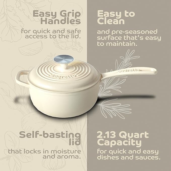 Small Sauce Pan with Lid, 2.13 QT Bianco Perla (Off-White) Sauce Pot, Small Pot with Stay Cool Helper Handle and Tight-Fitting Lid- Segretto Cookware