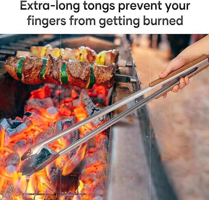 18-Inch Long Stainless Steel BBQ Tongs with Extended Luxurious Acacia Handle ??Durable and Easy-to-Clean Grilling Tool for Cooking, Kitchen Use, and Outdoor Barbecues