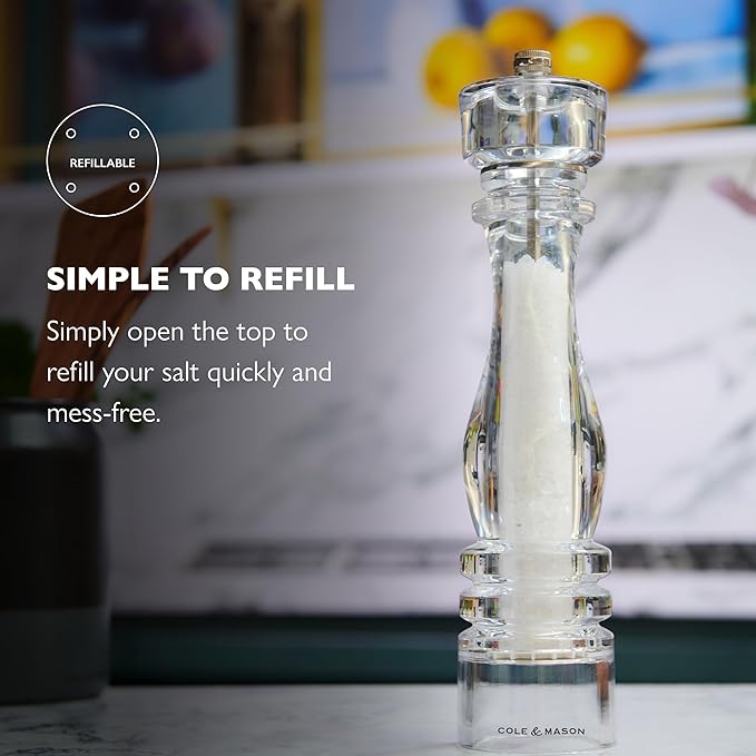 Cole & Mason London Refillable Spice Mill - Kitchen & Home Accessory - Table Salt Grinder - Salt Mill with Ceramic Mechanism - 12", Acrylic