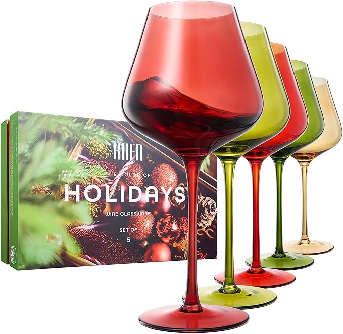 Khen Festive & Holiday Colored Wine Glasses Set of 5 In Luxurious Gift Box ??20oz Stemmed Goblets, Thanksgiving Dinner, Entertaining ??Wedding Red, Green & Gold Glassware for Party Celebrations