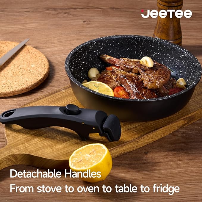 JEETEE 25pcs Pots and Pan Set Non Stick,Detachable Handle Cookware Set,Induction Cooking & RV Camping Stackable Pots Pans竊똇ealthy Kitchen Cookware Set PFAS/PFOA Free,Black