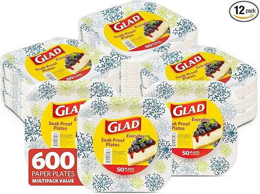 Glad Square Disposable Paper Plates, Blue Hydrangea Pattern - Strong, Sturdy, Soak Proof, and Microwavable Decorative Plates for Dinner and Everyday Use, 7 Inch, 50 Count - 12 Pack