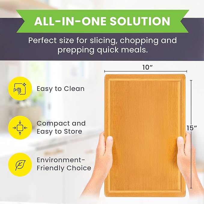 Bamboo Cutting Board ??15 Inch Wood Cutting Boards for Kitchen with Glue-Free Surface??& Juice Groove ??Non-Toxic, FSC-Certified, Durable Wooden Chopping Board - Rectangle