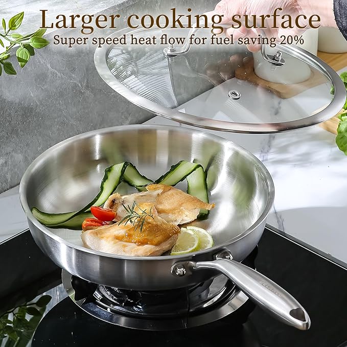 DELARLO Tri-Ply Stainless Steel Frying Pan訝? inch Skillet with Lid訝쭭ll Cooktops Compatible Up to 600?됦릅Enegry Saving訝쭷itchen Egg Skillet 9" 訝쭰urable訝쭱verything Pan訝쭽melet Pans for Kitchen Cooking