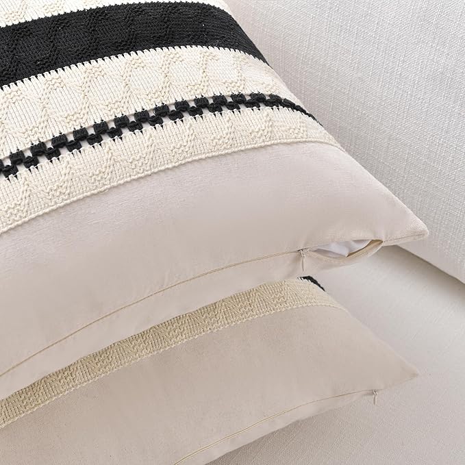 Fancy Homi Set of 2 Boho Black Decorative Throw Pillow Cover 16x16 Inch for Couch Bed Sofa, Aesthetic Modern Organic Farmhouse Home Decor, Soft Cotton Cute Accent Macrame Woven Cushion Case