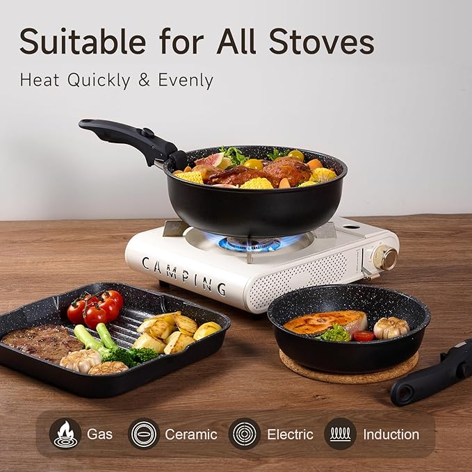JEETEE 25pcs Pots and Pan Set Non Stick,Detachable Handle Cookware Set,Induction Cooking & RV Camping Stackable Pots Pans竊똇ealthy Kitchen Cookware Set PFAS/PFOA Free,Black