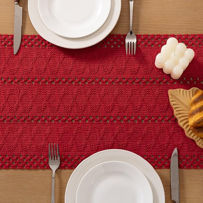Socomi Boho Table Runner Macrame Valentine's Day Farmhouse Woven Cotton Linen Rustic Coffee Table Runner with Tassels for Dresser Scarf Home Decor Dining Room 12x90 in Red