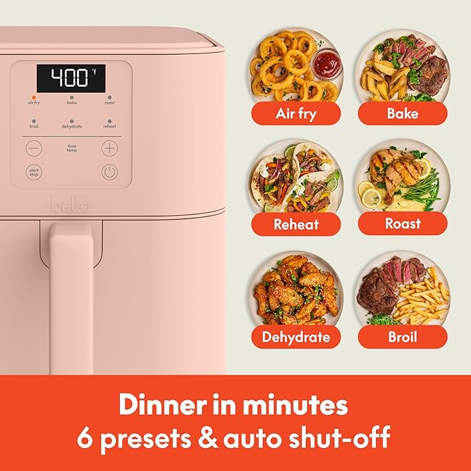 bella 6 Qt Slim Air Fryer, Fits-anywhere??Kitchenware, EverGood??Ceramic Nonstick Coating, Adjustable Temperature, 6 Preset Cooking Options, 60 Min Auto Shutoff w Audible Tone, 5lb Capacity, Blossom