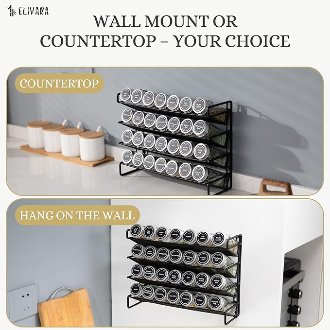 4-Tier Spice Rack Organizer Set ??Wall Mounted or Countertop ??Includes 28 Glass Spice Jars, 386 Spice Labels, Funnel, and Chalk Marker ??Kitchen Spice Storage Solution