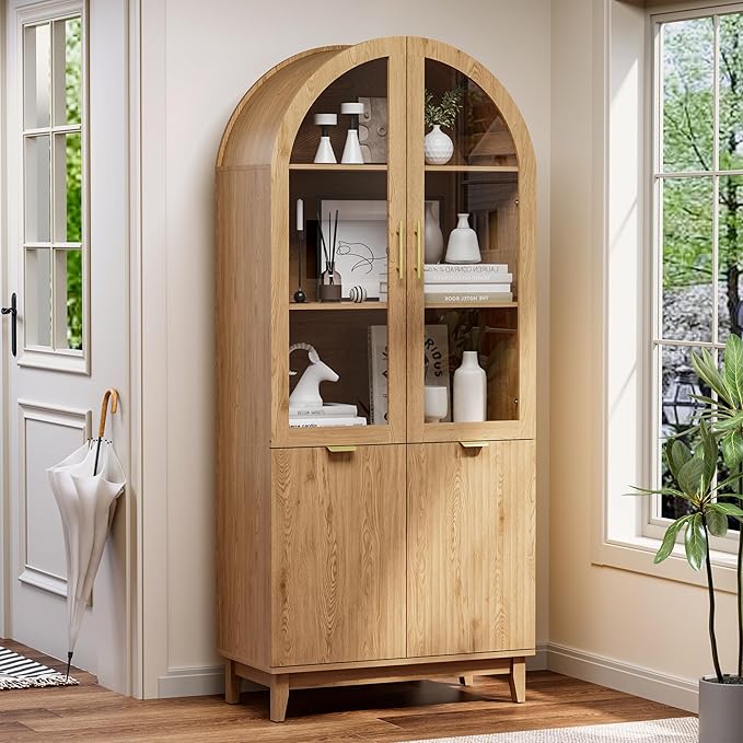 Pamapic 71" Tall Arched Cabinet, Fluted Kitchen Pantry with Glass Doors & Adjustable Shelves, Arch China Storage Cabinet, Wooden Pantry for Dining Room, Living Room (Natural)