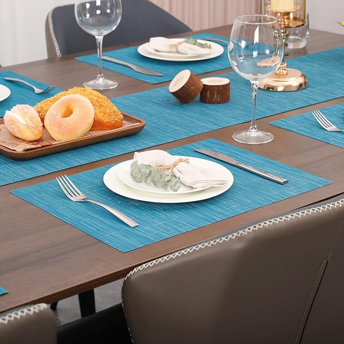 Myir JUN Placemats Set of 8, Vinyl Woven Placemats Place Mats Indoor Set of 8 Washable Table Mats Non-Slip Place mats for Dining Table (Blue, Set of 8)