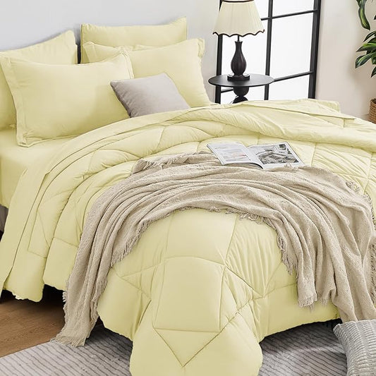 HEVUMYI Cream Yellow Twin Comforter Set - 5-Piece All Season Bed in a Bag Twin, Ultra Soft Bedding Set with Comforter, Flat Sheet, Fitted Sheet, Pillowcases, Pillow Shams