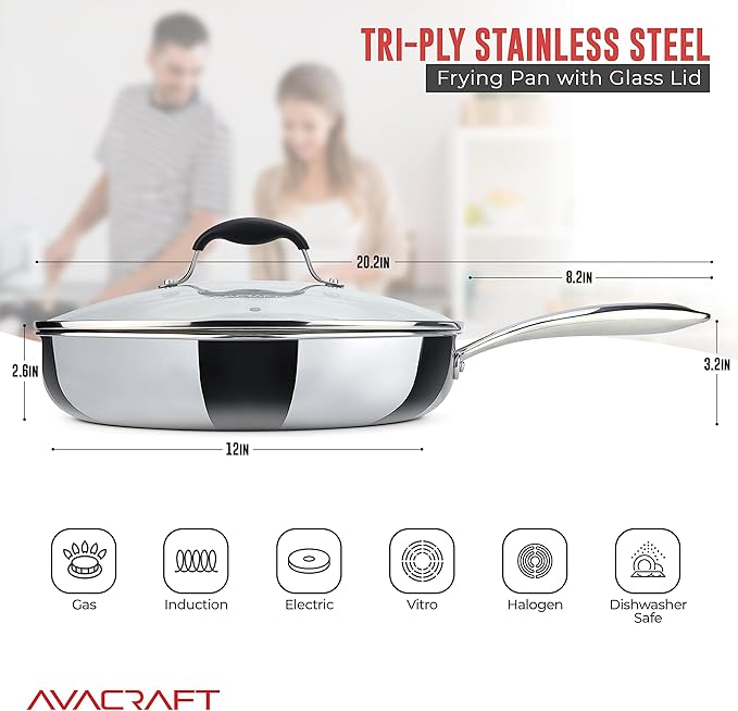 AVACRAFT 18/10 12 Inch Stainless Steel Frying Pan with Lid, Side Spouts, Induction Pan, Versatile Stainless Steel Skillet, Fry Pan in our Pots and Pans (Tri-Ply Stainless Steel, 12 Inch)