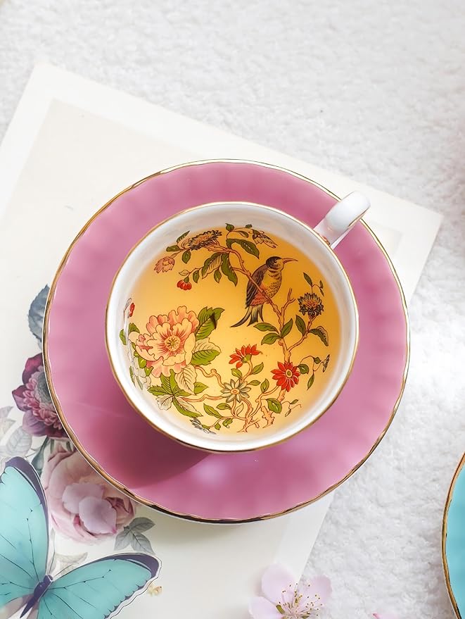 Aynsley Pembroke Glaze Oban 2-Piece Fine Bone China Teacup & Saucer - 6oz (180ml), Handpainted Floral with Gold Trim - Vintage Gift Set-Pink
