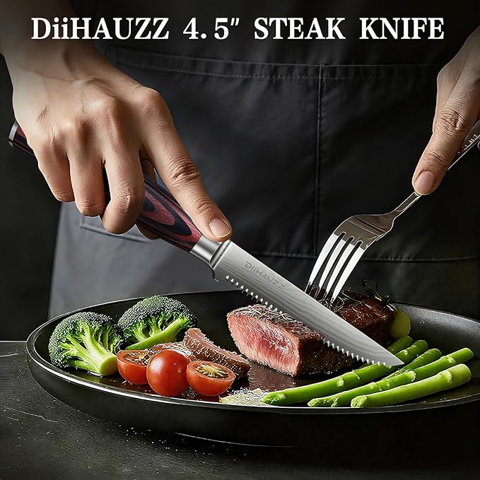 Steak Knives Set of 6, Serrated Steak Knife Set 4.5 Inch, Ultra Sharp Forged High Carbon Stainless Steel Dinner Knife with Ergonomic Pakkawood Handle, Damascus Pattern and Gift Box
