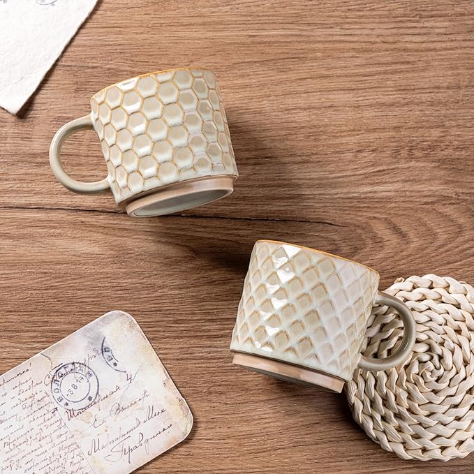 GBhome 6OZ Stackable Coffee Mugs, Ceramic Coffee Mugs with Texture Patterns for Man,Woman,Dad,Mom, Modern Coffee Cups Set of 4 for Espresso/Cappuccino. Dishwasher&Microwave Safe