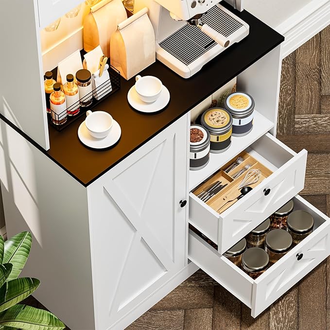 71?섃셁itchen Pantry Storage Cabinet with LED Lights and Power Outlet, Tall Farmhouse Kitchen Hutch with Microwave Stand,Globet Hooks and Adjustable Shelf for Dining Living Room,White