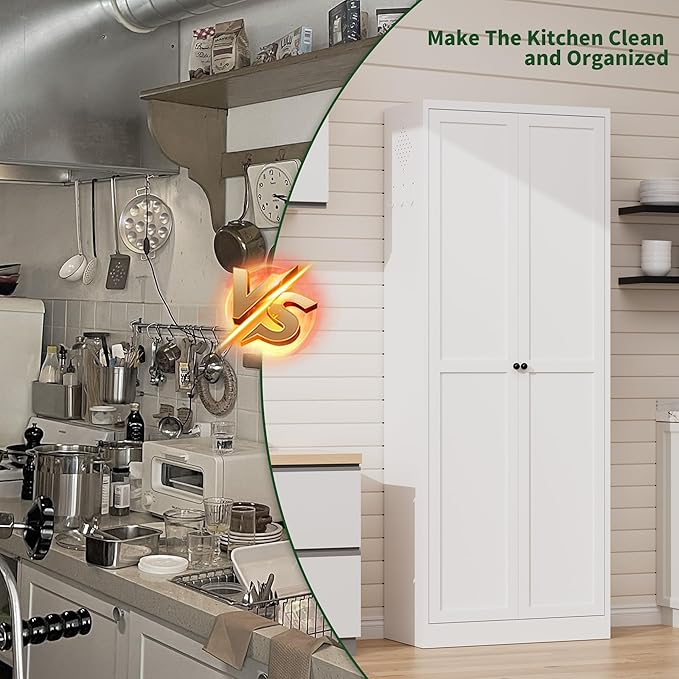 72" Tall Kitchen Pantry Cabinet,White Metal Pantry Cabinet with 2 Doors & 5 Adjustable Shelves,Utility Storage Cabinet Rust-Resistant for Living Room,Dining Room,Bathroom,Garage,Basement