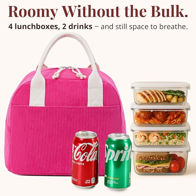 LOVELYWIND Insulated Lunch Bag for Women Men, Stylish Corduroy Tote Bag with Aluminum Lining, Large Capacity Reusable Cooler for Work, Travel, or Beach, Berry Red Lunch Box