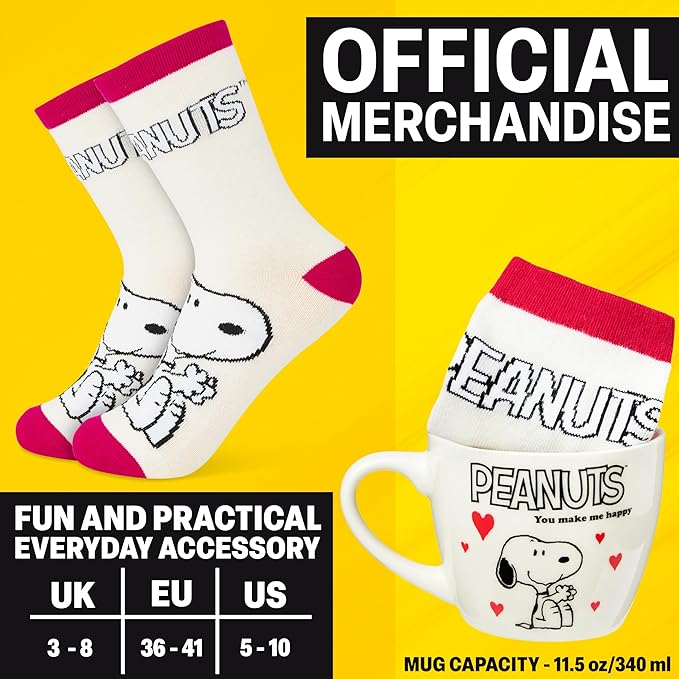 Get Trend Peanuts Snoopy Coffee Mug and Socks Set, 11.5 oz Ceramic Cup with Soft Crew Socks, Woodstock, Christmas, Secret Santa Gifts for Women (Pink Snoopy)