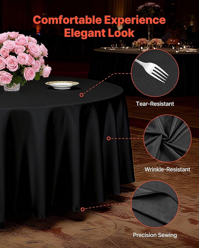 VEVOR Black Round Tablecloths 10 Pack, 120 Inches in Diameter, Stain- & Wrinkle- Resistant, Machine Washable Table Clothes, Polyester Fabric Table Covers for Wedding, Party, Banquet, Formal Events