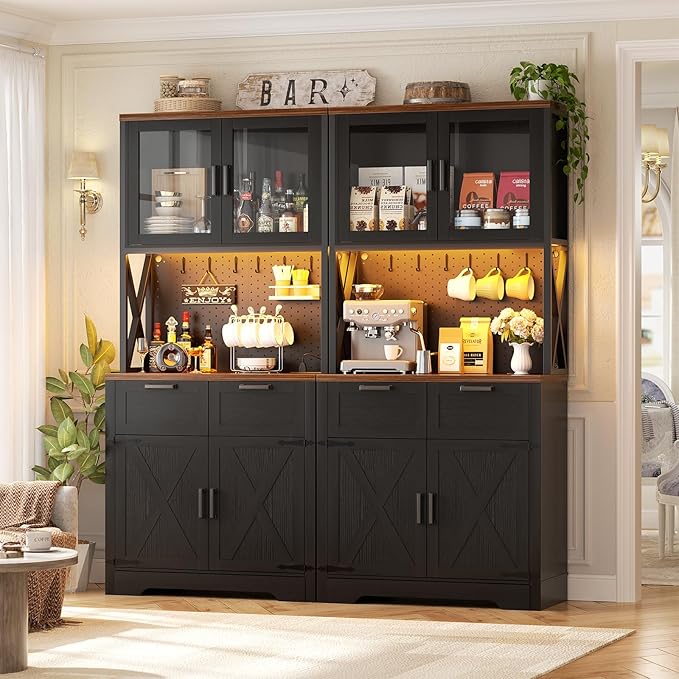 Unikito 71" Pantry Cabinet with LED Light & Outlet, Tall Kitchen Pantry Storage Cabinet with Microwave Stand, DIY Pegboard, Drawer and Adjustable shelf, Kitchen Hutch for Dining Room, Black and Rustic