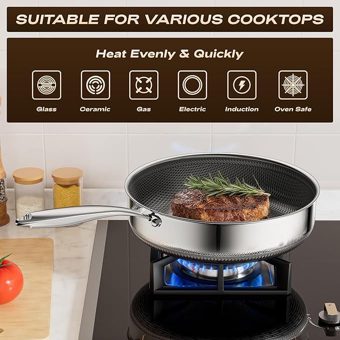 Frying Pans Nonstick with Lid,Hybrid Nonstick 4-Quart Deep Saut챕 Pan, Stay-Cool Handle,PFAS PFOA PTFE Free,10 Inch Deep Frying Pan Dishwasher-Friendly, Oven-Safe, Compatible with All Cooktops