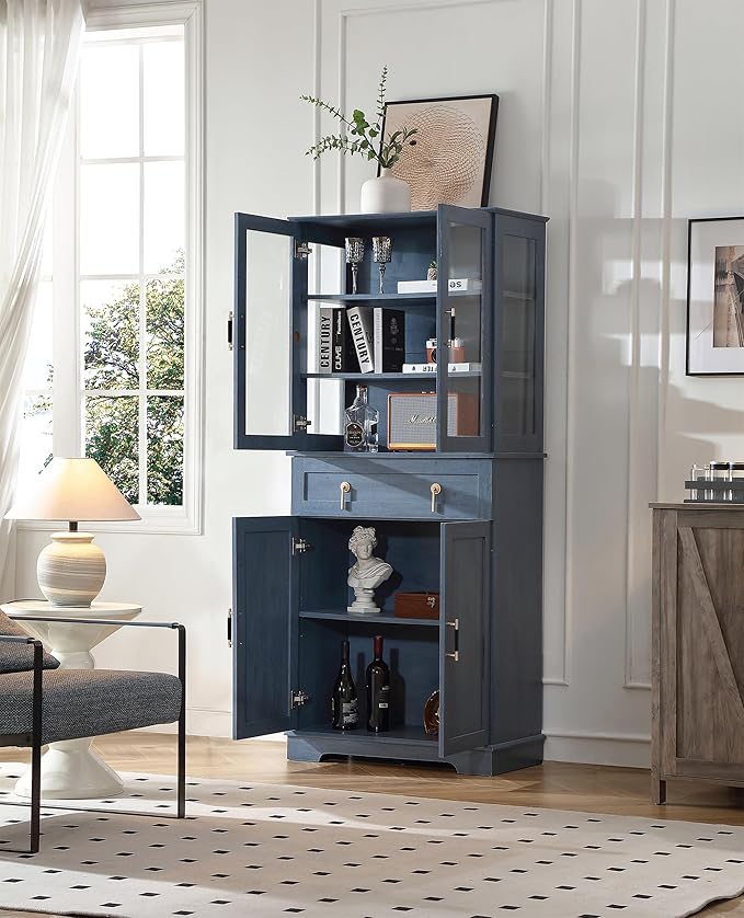 Storage Cabinet Set,Three Different cabinets with Glass Doors Fulfilling All Needs for Storage and Showcase,for Kitchen,a Pantry+Large Sideboard+Small Buffet Cabinet (Blue)