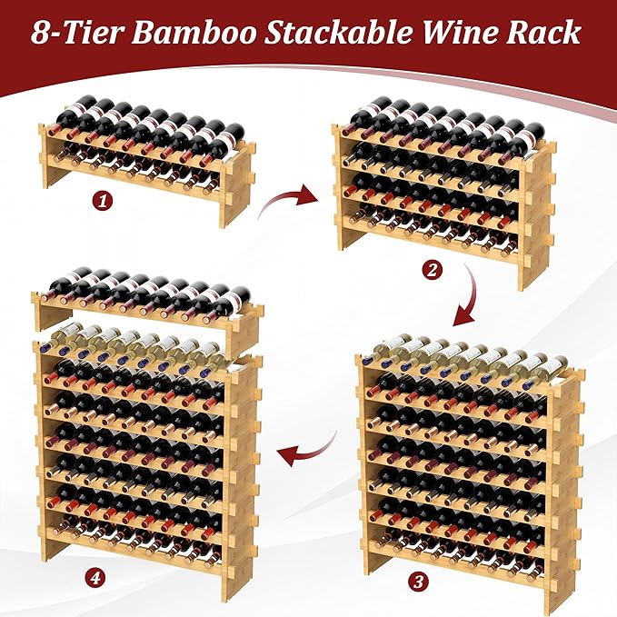 VASMIA Bamboo Stackable Wine Rack,72 Bottles Wine Rack Freestanding Floor,No Tools Assembly,8-Tier Display Wine Storage Shelf for Kitchen, Bar, Dining Room,Cellar,Natural