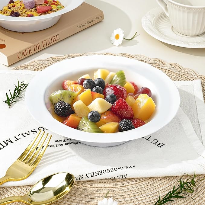 BESTVIP 50Pcs Plastic White Bowls, 12 Oz Disposable Bowls Disposable Bowls for Parties, Wedding, Christmas, Soak Proof Bowls for Breakfast, Lunch, and Dinner Meals