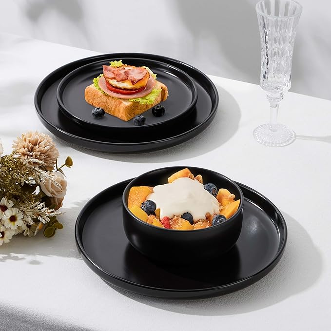 Herogo 12 Pieces Stoneware Dinnerware Sets Service for 4, Dinner Plates and Bowls Sets, Double Reactive Glaze Dishes Sets for Kitchen, Scratch Resistant, Microwave & Dishwasher Safe, Matte Black