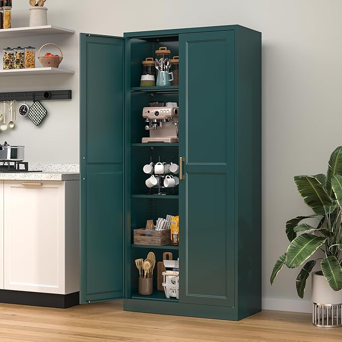 71??Metal Tall Kitchen Pantry Cabinet,Storage Cabinet with Doors and Adjustable Shelves,Modern Kitchen Hutch Cabinet,Freestanding Cupboard for Dining Living Room