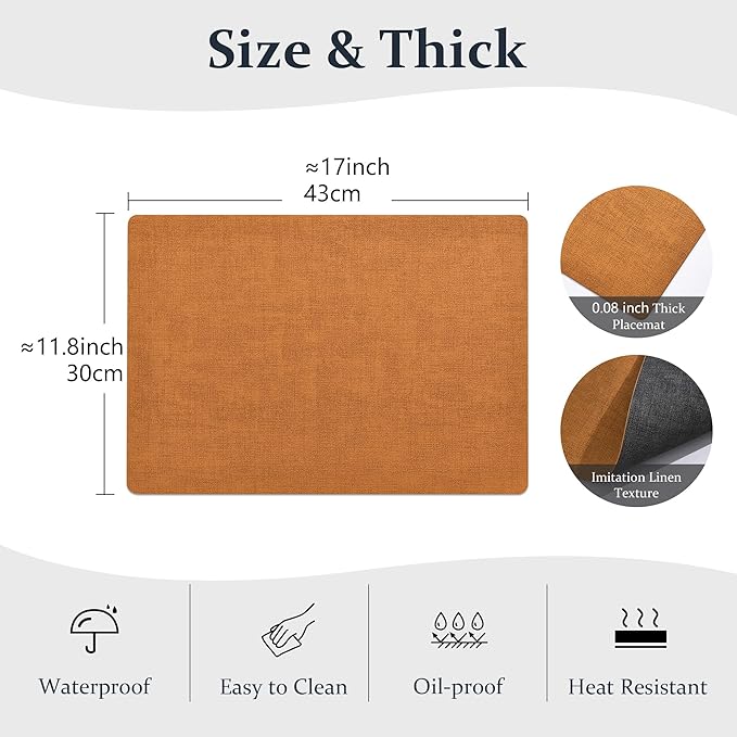 FROMHEART Faux Leather Placemats Set of 12?밯aterproof,Heat/Oil Stain-Resistant PU Table Mat?밨eversible,Non-Slip,Easy to Clean Place Mats for Kitchen,Dining,Indoor/Outdoor,(Orange-Grey,11.8" x 17")